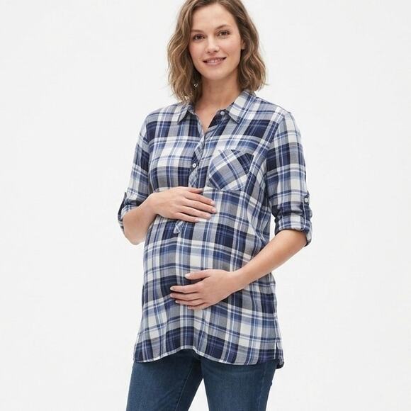 Gap Tops - Gap Maternity Womens 1/2 Button Pullover Shirt XS Blue Plaid Lightweight Flannel